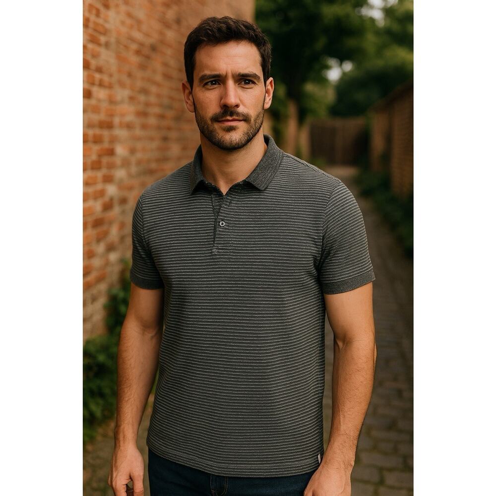 Common People Shirt Mens XL Grey Striped Cotton Knit Polo - See Measurements